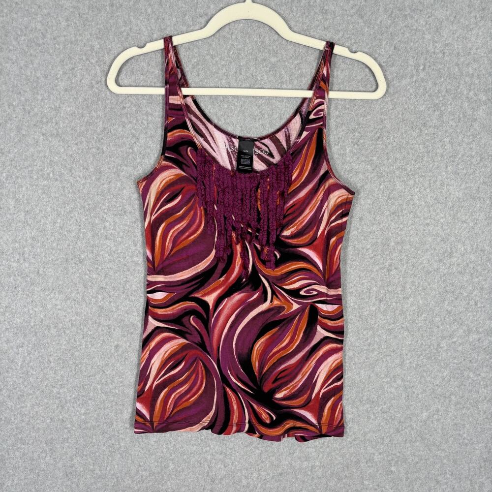 Bisou Bisou Tank Top‎ Medium Swirl Fringe Ruffle Tuxedo Boho Feminine Disco 70s